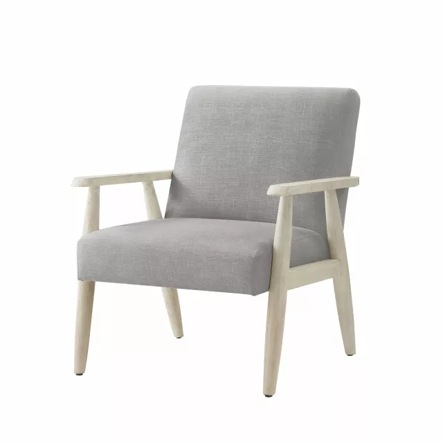 Gray cream linen armchair with wood armrests and comfortable natural materials
