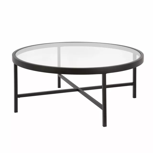 Black glass steel round coffee table in modern outdoor furniture setting