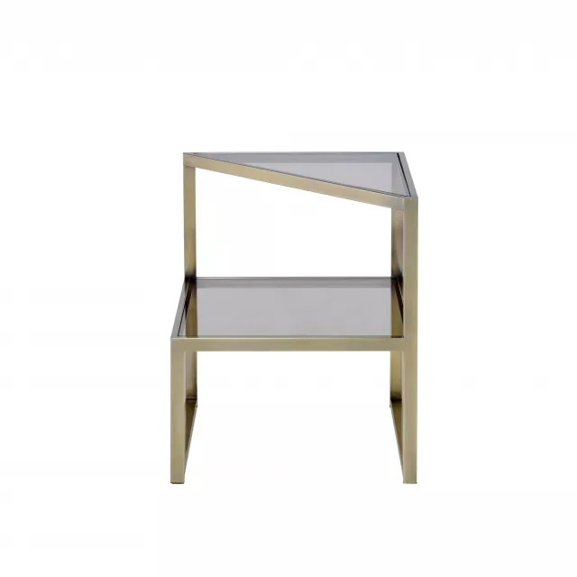 Glass mirrored end table with magazine holder and wooden coffee table elements in furniture shop