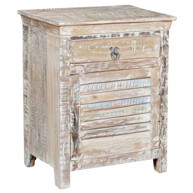 White solid wood nightstand with drawer and shutter design
