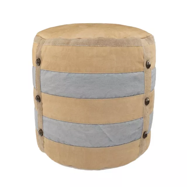 Tan cotton ottoman in rectangle shape with khaki beige wood and leather accents