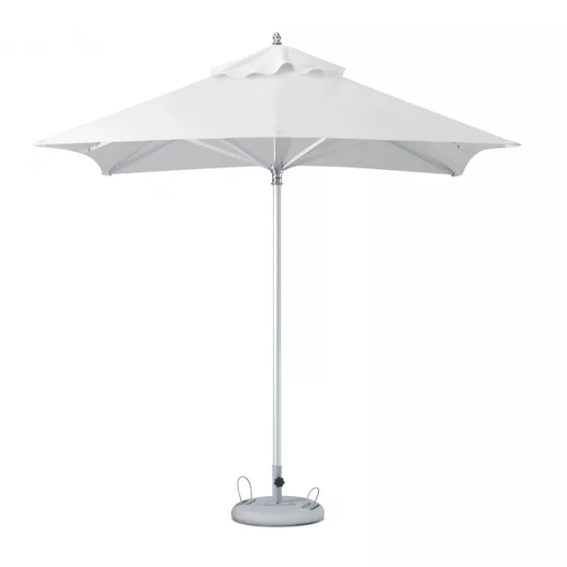 White polyester square market patio umbrella with shade and electric blue accents