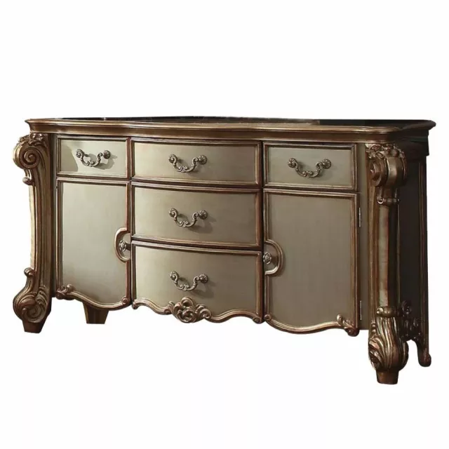 Gold patina finish bone inlay dresser with intricate pattern for bedroom decor