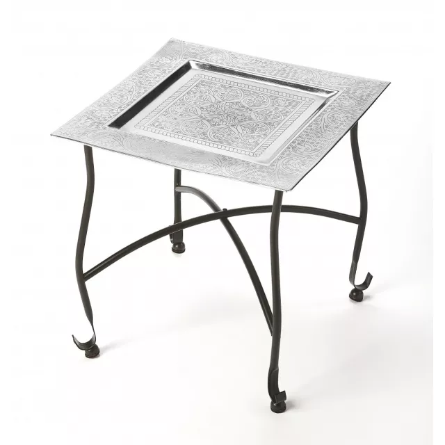 Silver textured aluminum square end table in a modern design with hardwood accents