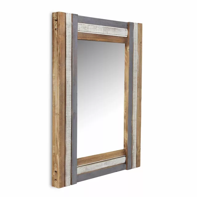 Rectangular multicolored wood framed mirror for home decor with hardwood and metal details