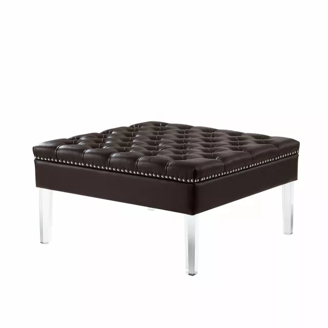 Espresso faux leather clear cocktail ottoman with wood and metal composite materials in a comfortable rectangle design