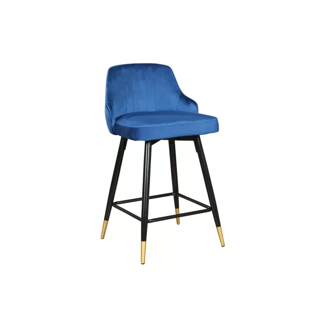 Low back counter height bar chairs with armrests in electric blue and wood finish