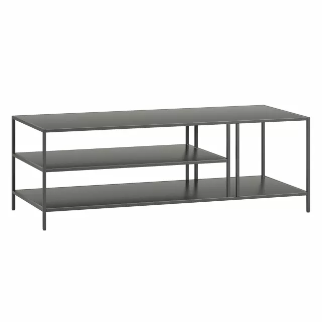 Gray steel coffee table with wood stain shelves and hardwood details