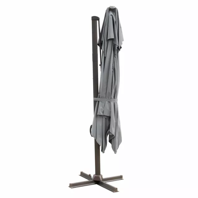 Square tilt cantilever patio umbrella stand with wooden chair and metal sculpture elements
