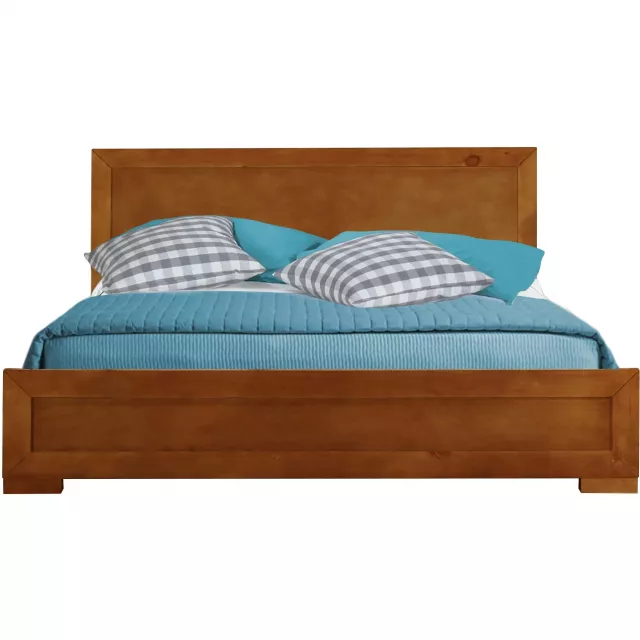 Oak wood king platform bed in a modern bedroom setting