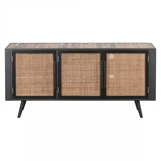 Black natural rattan media cabinet with rectangle hardwood doors and wood stain finish