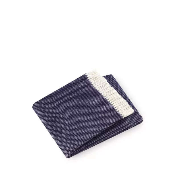 Product image of a navy blue links pattern throw blanket made of woolen material