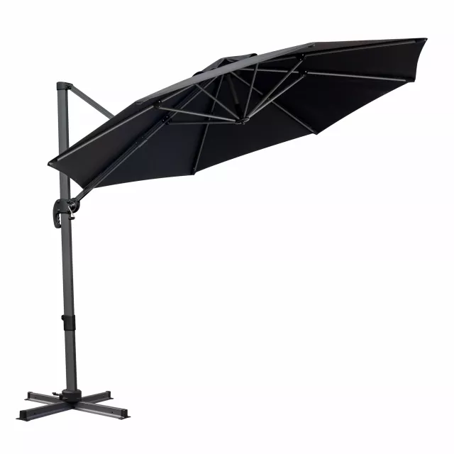 Round tilt cantilever patio umbrella stand with shade and metal base suitable for outdoor events