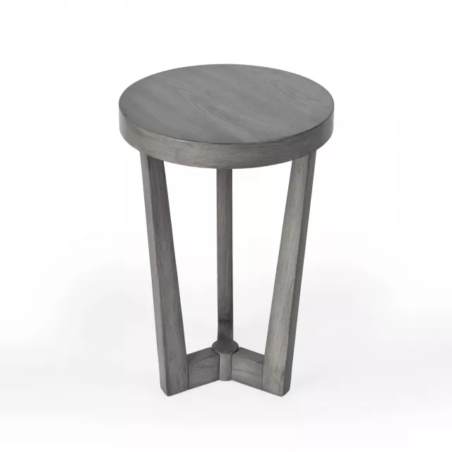 Gray manufactured wood round end table with cylinder and circle shapes in a minimalist design