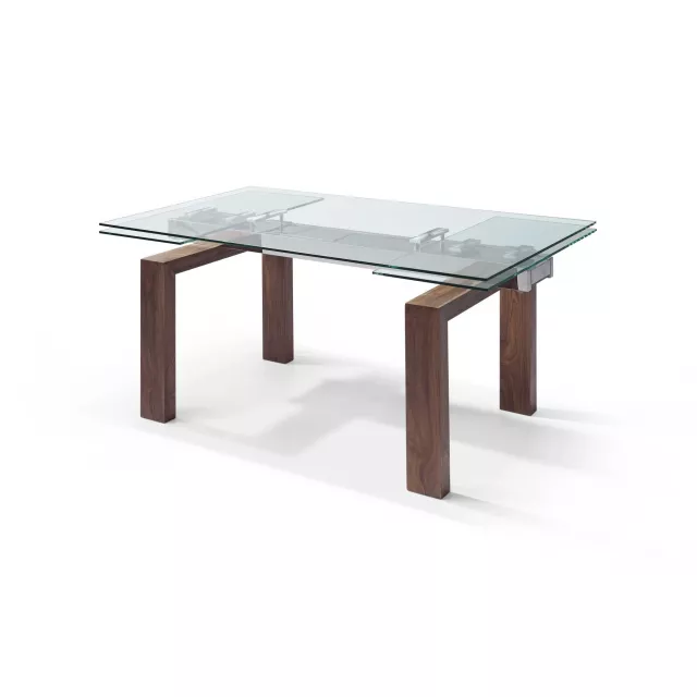Glass self storing leaf dining table with wood stain and rectangle coffee table design