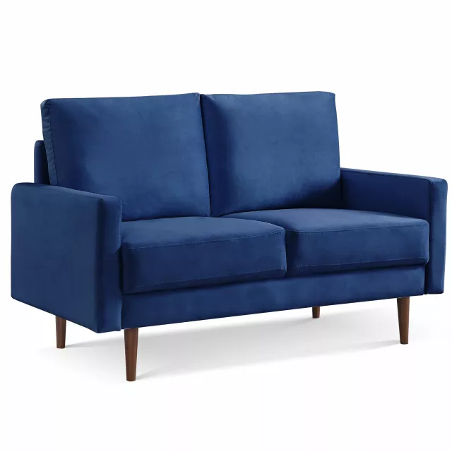 Blue dark brown velvet loveseat with comfortable armrests and elegant rectangle studio couch design for outdoor furniture