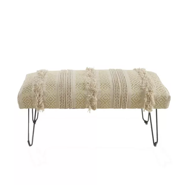 Gold geometric upholstered bench with black legs and woolen accents