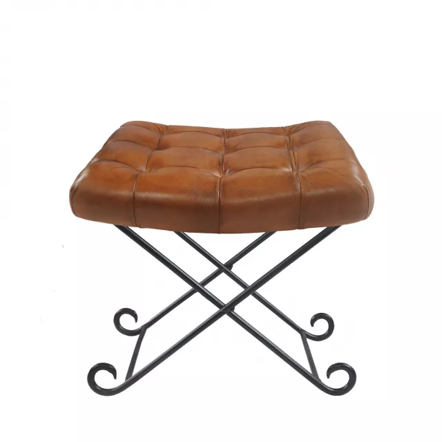 Brown faux leather footstool ottoman with comfortable rectangle cushion and wood armrest detail