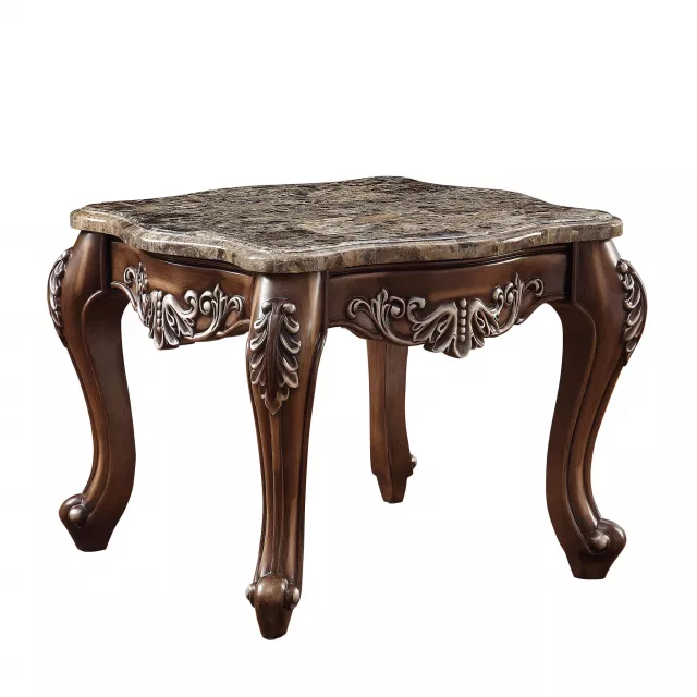 Antique oak marble square end table with wood stain finish in furniture setting