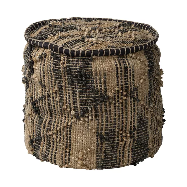 Tan jute cylindrical pouf with popcorn stitch design for home decor and furniture