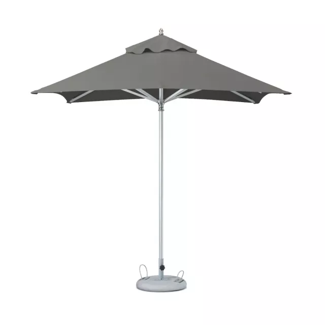 Charcoal polyester square market patio umbrella with sleeve and table accessories
