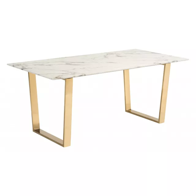 White faux marble gold dining table with hardwood legs and wood stain finish suitable for outdoor use