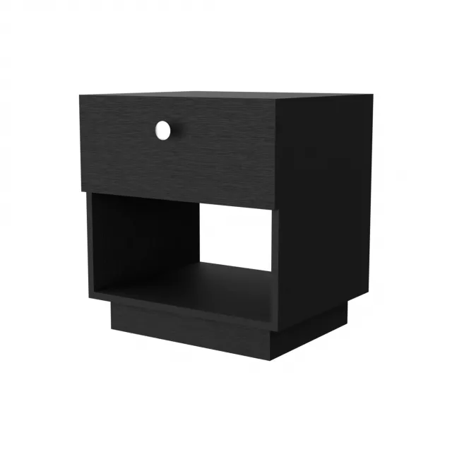 Black drawer nightstand with integrated technology features and minimalist design