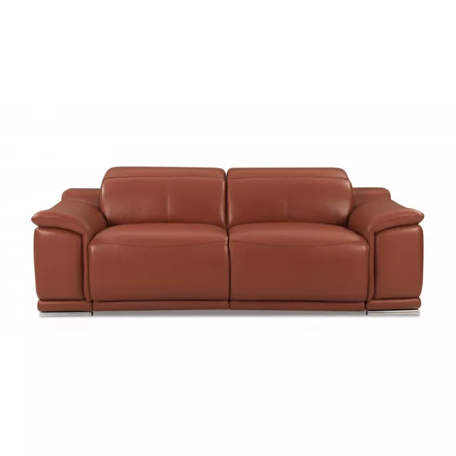 camel silver Italian leather USB sofa with brown wood accents and comfortable studio couch design