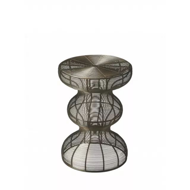 Bronze curvy iron round end table with artful wood and glass pattern details