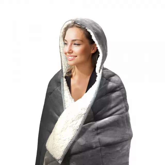 Deluxe hooded weighted velvet throw blanket showcasing outerwear fashion design with a happy smile and gesture
