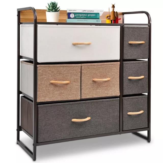 Steel accent chest with seven drawers and shelving furniture in wood finish