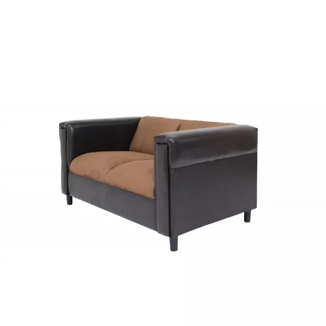 Brown black chenille loveseat with hardwood armrests and comfortable rectangle design for cozy seating
