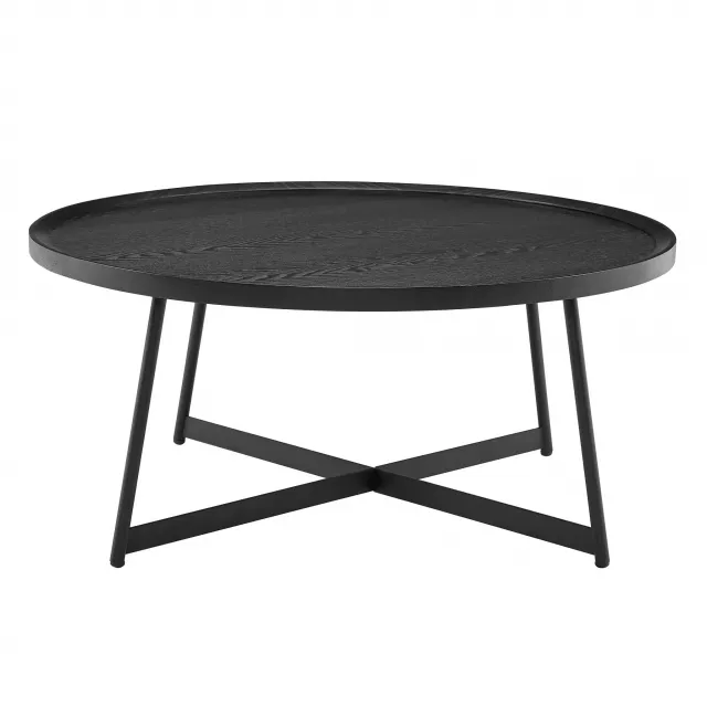 Black manufactured wood round coffee table with chairs and outdoor furniture setting