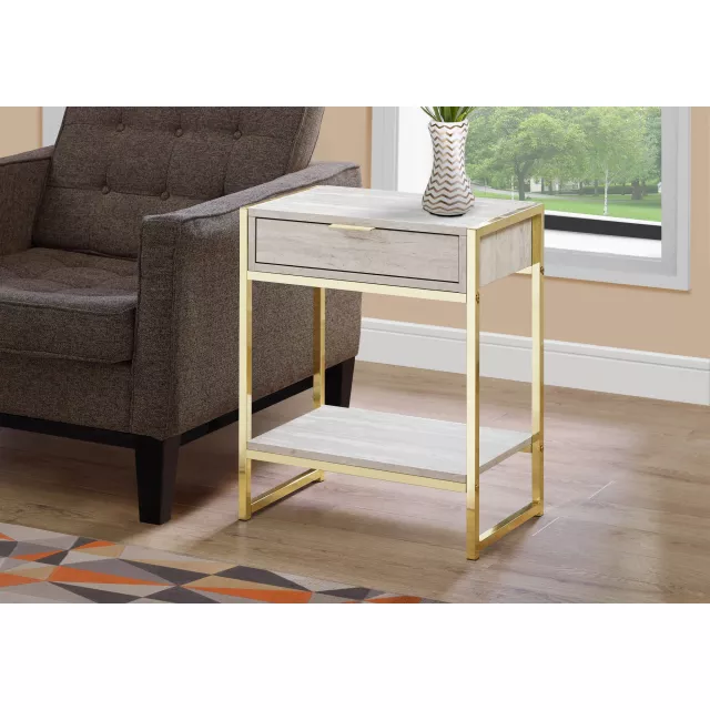 Beige marble rectangular end table with drawer and wood accents in a styled room setting