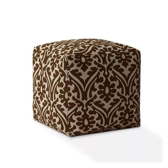 Brown cotton damask pouf cover with beige motif pattern