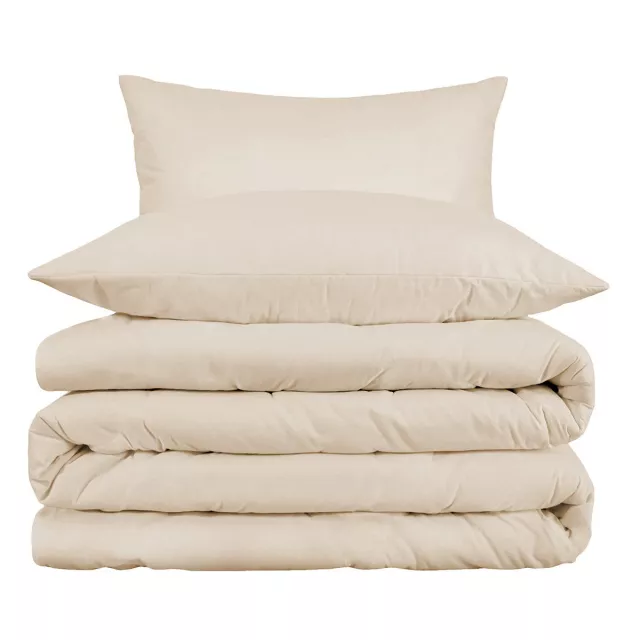 Beige blend thread count washable duvet cover with comfortable pillows and wood accents