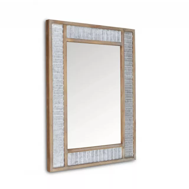 Rectangular wood galvanized metal wall mirror with brown frame for home decor