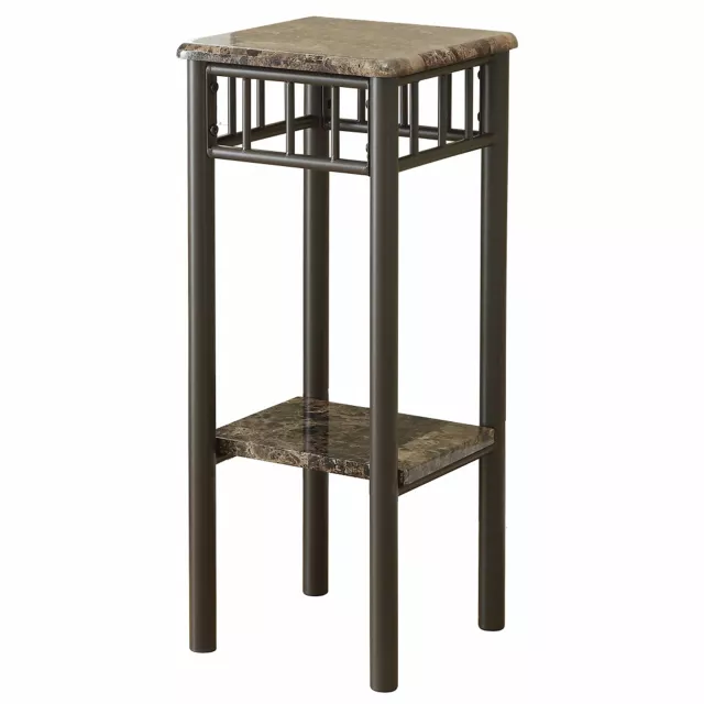 Genuine marble look square end table with wood pedestal and hardwood details
