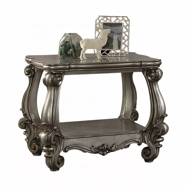 Wood polyresin scroll square end table with metal accents and antique drawing details