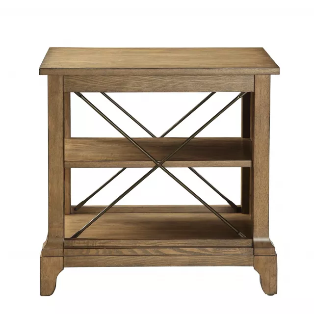Oak brown end table with shelves in hardwood and wood stain finish