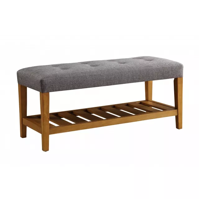 Brown upholstered linen blend bench with shelves and hardwood armrests