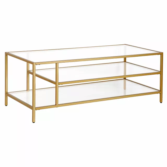 Gold glass steel coffee table with wood stain and symmetrical shelves