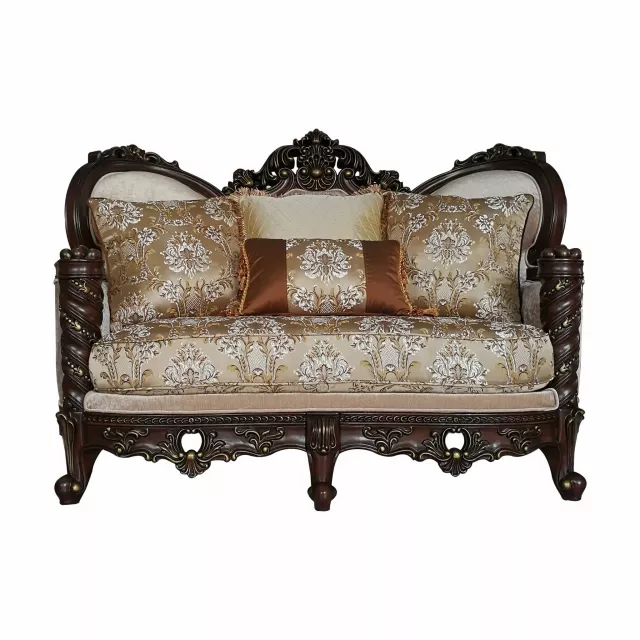 Blend damask Chesterfield loveseat with toss pillows and comfortable brown studio couch design