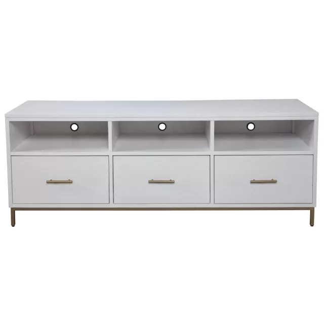 Glam white gold TV console with sleek cabinetry and modern rectangle design