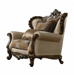 Brown fabric floral tufted wingback chair with wood armrests and comfortable rectangle cushion