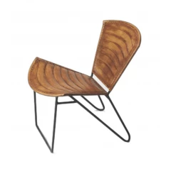 Brown faux leather side chair with armrests and wood accents for comfortable seating