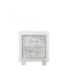 Modern White Nightstand With 2 Faux Marble Detailed Front Drawer.