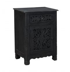 30" Distressed Black One Drawer Floral Carved Solid Wood Nightstand