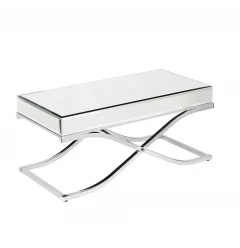 42" Silver Mirrored And Metal Rectangular Mirrored Coffee Table