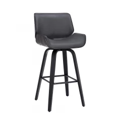 30" Gray And Black Faux Leather And Iron Swivel Bar Height Bar Chair